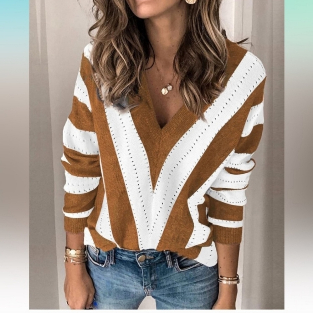 NWOT Mazik V-Neck Sweater - Brown and White